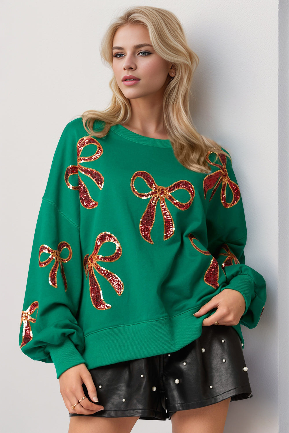 Explore More Collection - Double Take Christmas Bow Sequin Round Neck Dropped Shoulder Sweatshirt