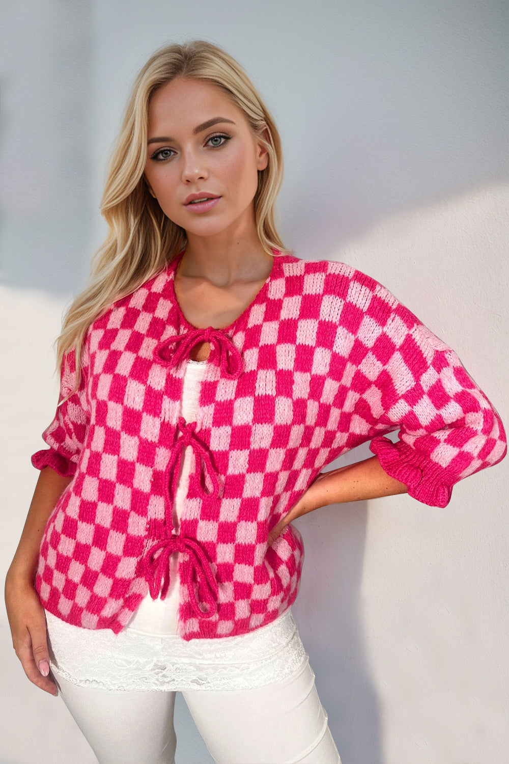 Explore More Collection - Double Take Tied Checkered Dropped Shoulder Flounce Sleeve Cardigan