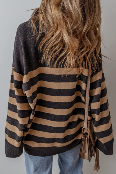 Explore More Collection - Striped Half Zip Long Sleeve Knit Top