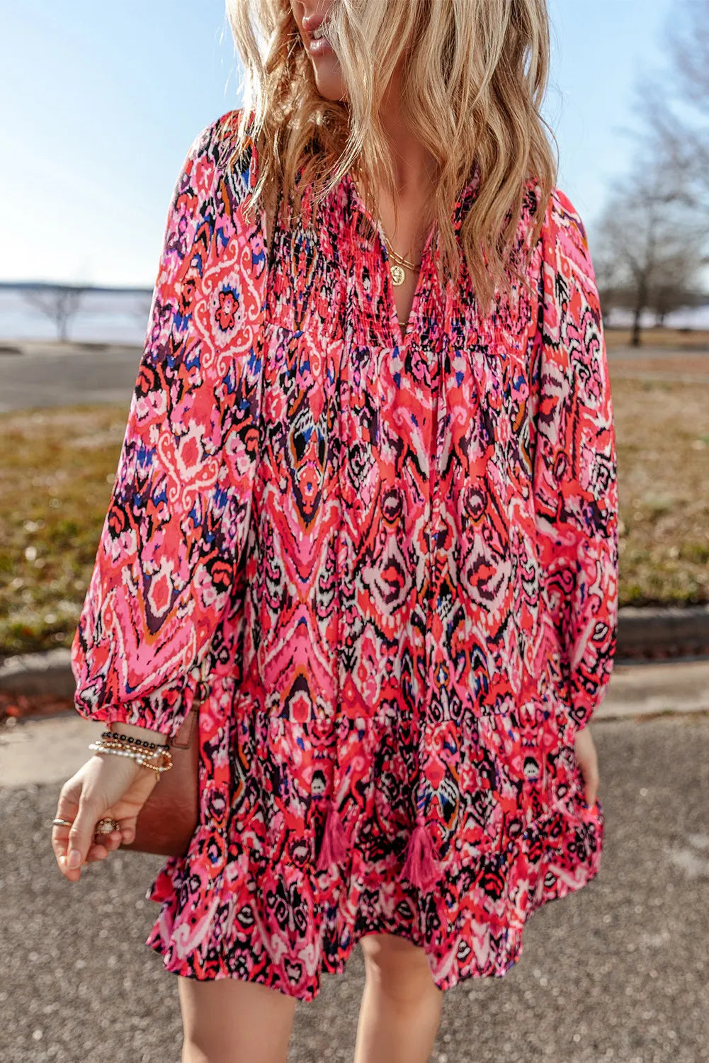 Explore More Collection - Tassel Printed Tie Neck Long Sleeve Dress