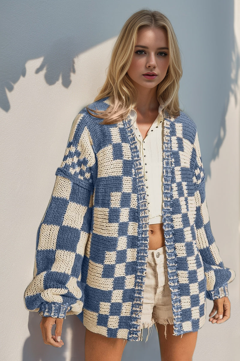 Explore More Collection - Double Take Full Size Open Front Checkered Drop Shoulder Cardigan