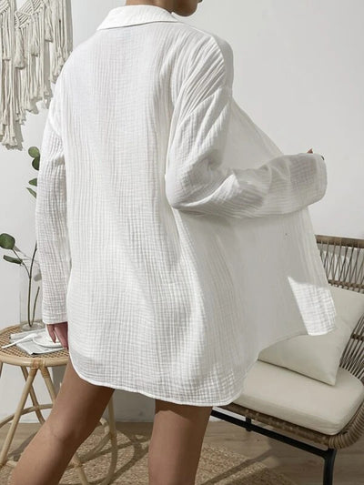 Explore More Collection - Dropped Shoulder Button Up Top and Elastic Waist Shorts Set