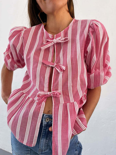 Explore More Collection - Tied Round Neck Balloon Sleeve Shirt