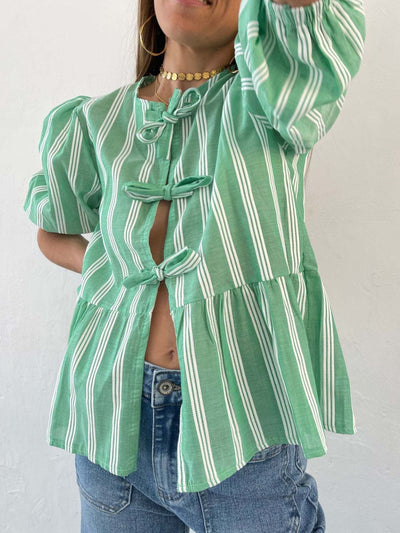 Explore More Collection - Tied Round Neck Balloon Sleeve Shirt