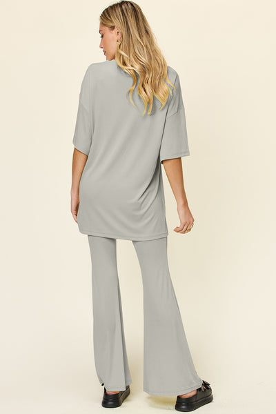 Explore More Collection - Double Take Full Size Round Neck Drop Shoulder T-Shirt and Flare Pants Set