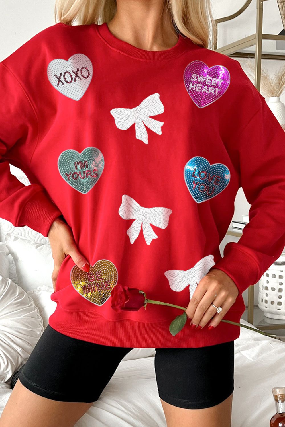 Explore More Collection - Valentine’s Day Sequin Bow Heart Round Neck Sweatshirt