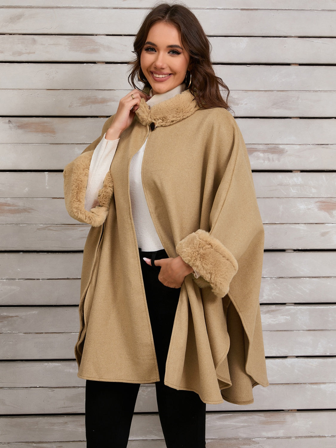 Explore More Collection - Fuzzy Trim Long Sleeve Poncho