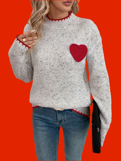 Explore More Collection - Contrast Heart Round Neck Long Sleeve Sweater