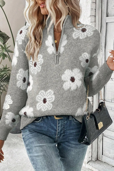 Explore More Collection - Flower Half Zip Long Sleeve Sweater