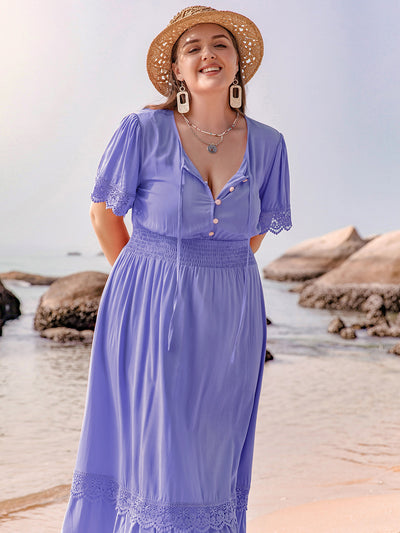 Explore More Collection - Plus Size Lace Detail Tie Neck Short Sleeve Maxi Dress