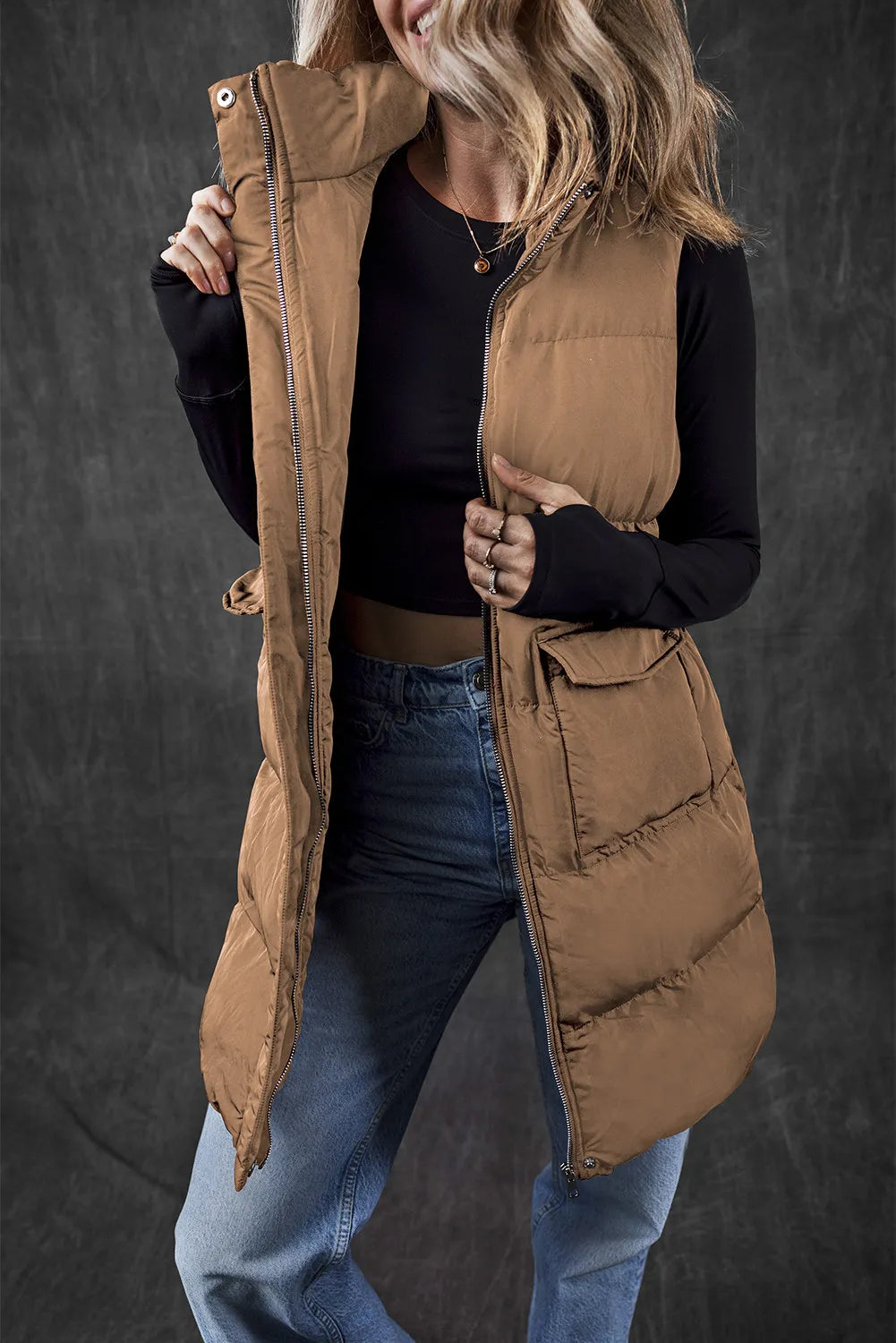 Explore More Collection - Pocketed Zip Up Vest Coat