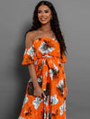 Explore More Collection - Pleated Floral Off-Shoulder Short Sleeve Midi Dress