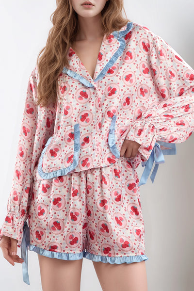 Explore More Collection - Valentine’s Day Frill Strawberry Print Flounce Sleeve Top and Shorts Lounge Set