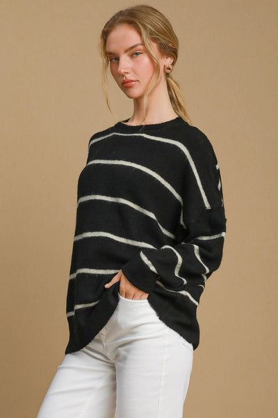 Explore More Collection - Umgee Wool Blend Striped Round Neck Sweater