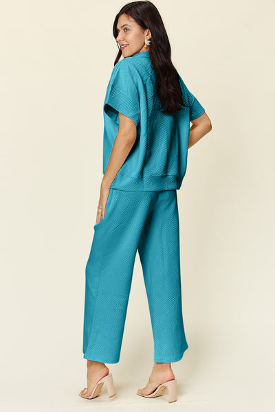 Explore More Collection - Double Take Full Size Texture Half Zip Short Sleeve Top and Pants Set