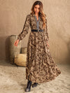 Explore More Collection - Ruched Printed Notched Long Sleeve Maxi Dress