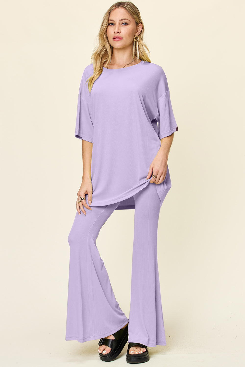 Explore More Collection - Double Take Full Size Round Neck Drop Shoulder T-Shirt and Flare Pants Set