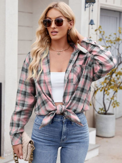 Explore More Collection - Pocketed Plaid Collared Neck Long Sleeve Shirt