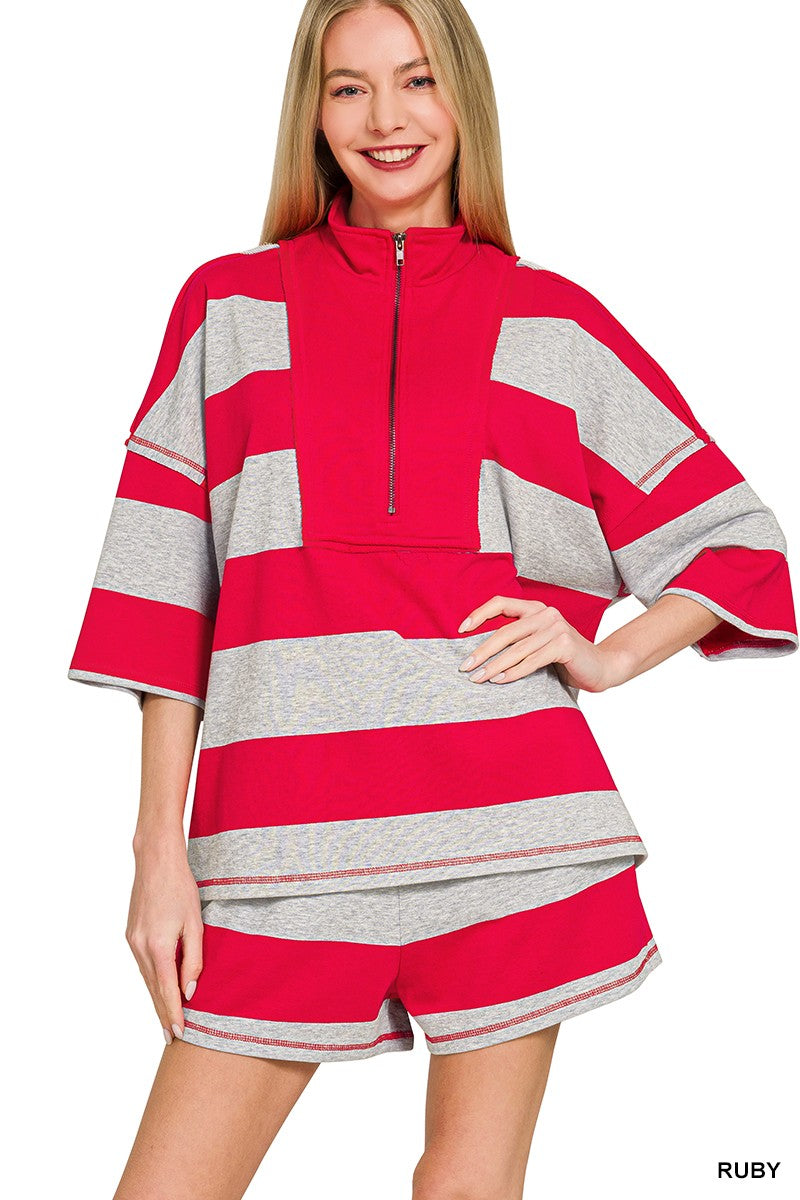 Zenana Frenchterry Striped Half Zip Top & Shorts Set