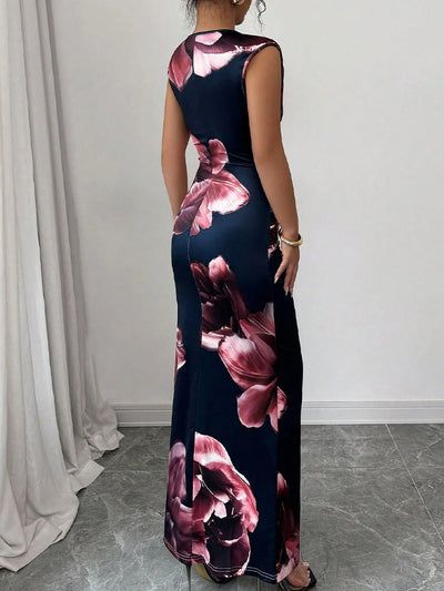 Explore More Collection - Floral Print Sleeveless Bodycon Maxi Dress Black / L Explore More Collection - Floral Print Sleeveless Bodycon Maxi Dress Black / L