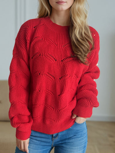 Explore More Collection - Openwork Round Neck Dropped Shoulder Sweater