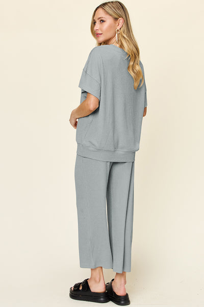 Explore More Collection - Double Take Full Size Texture Round Neck Short Sleeve T-Shirt and Wide Leg Pants