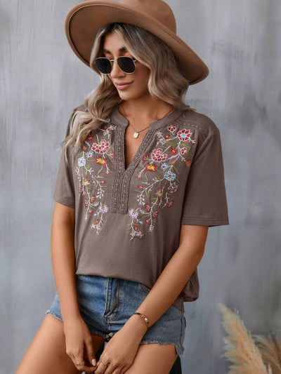 Explore More Collection - Embroidered Notched Short Sleeve T-Shirt