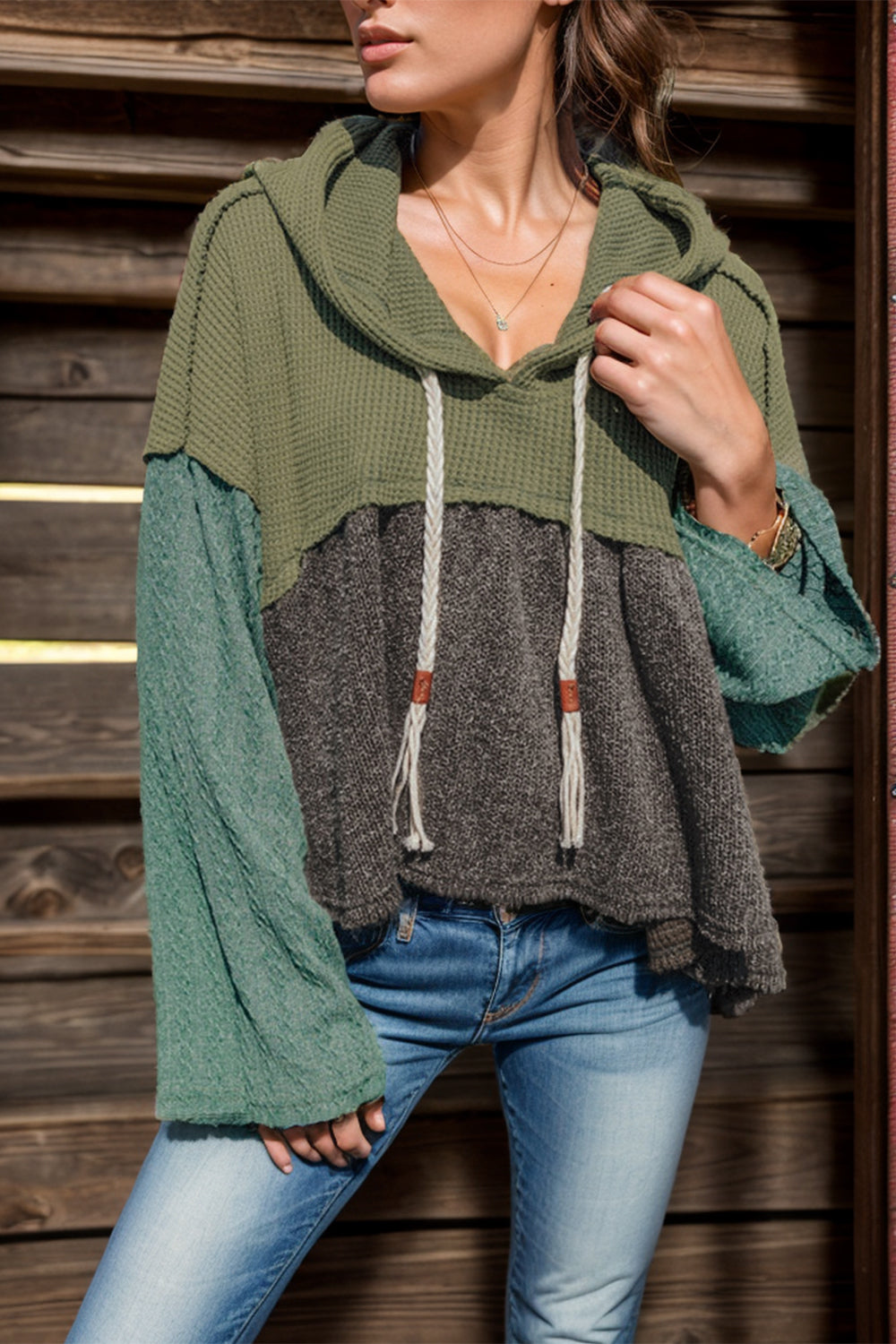 Explore More Collection - Waffle-Knit High-Low Color Block Hooded Long Sleeve Top