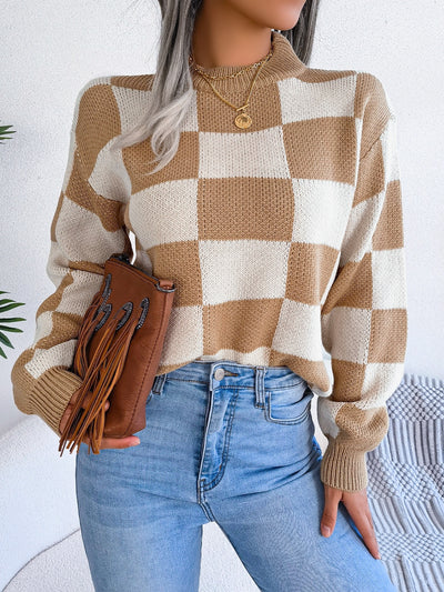 Explore More Collection - Checkered Mock Neck Long Sleeve Sweater