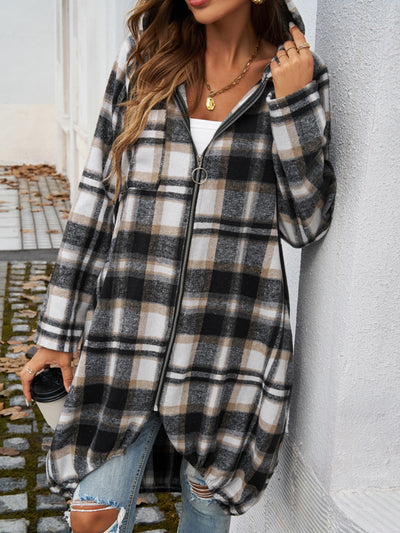 Explore More Collection - Plaid Zip Up Hooded Coat