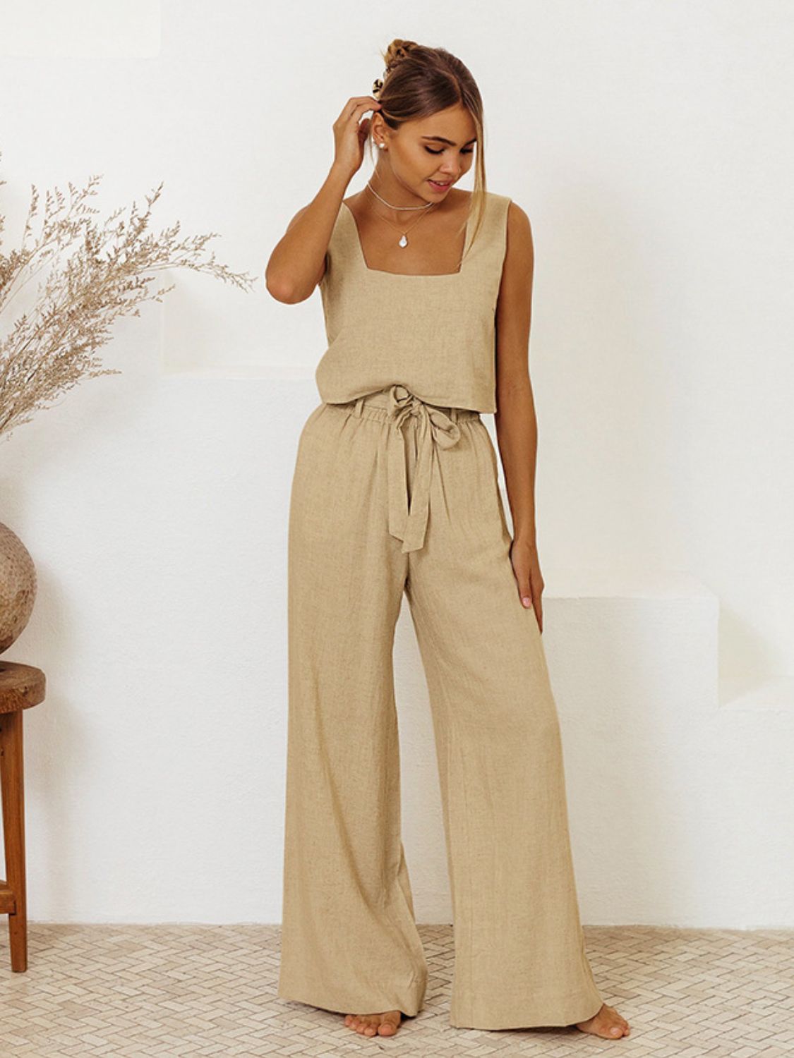 Explore More Collection - Square Neck Sleeveless Top and Pants Set