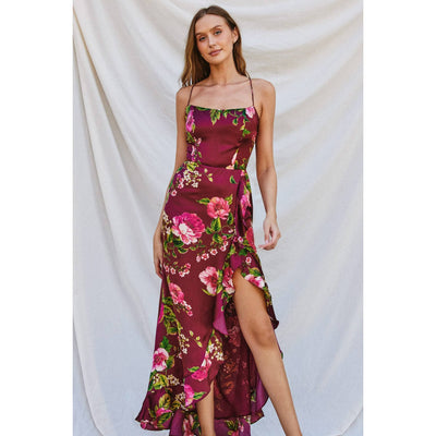 Perfect Option Open Back Ruffled Maxi Dress: MERLOT ROSE