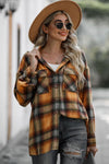 Explore More Collection - Drawstring Plaid Long Sleeve Hooded Shacket