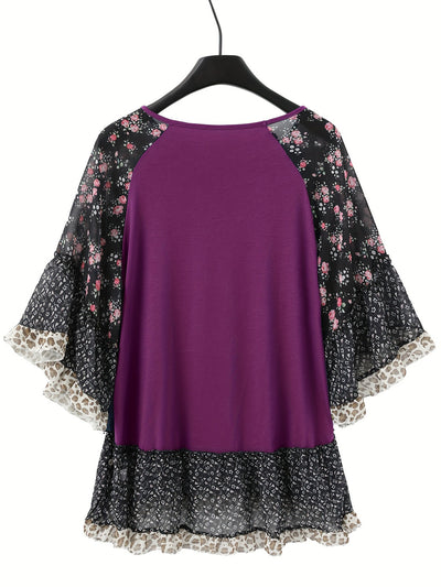 Explore More Collection - Full Size Frill Printed Round Neck Half Sleeve Blouse