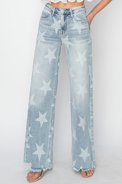 Explore More Collection - RISEN Full Size Raw Hem Star Wide Leg Jeans