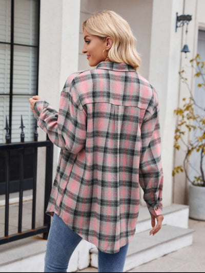 Explore More Collection - Pocketed Plaid Collared Neck Long Sleeve Shirt