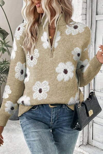 Explore More Collection - Flower Half Zip Long Sleeve Sweater