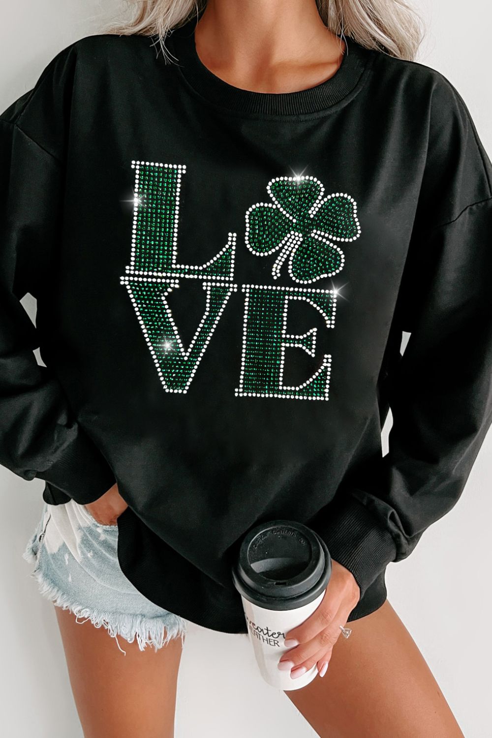 Explore More Collection - LOVE Rhinestone Clover Round Neck Sweatshirt