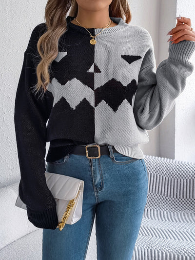 Explore More Collection - Contrast Round Neck Long Sleeve Sweater