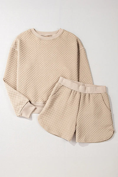 Explore More Collection - Quilted Round Neck Long Sleeve Top and Shorts Set