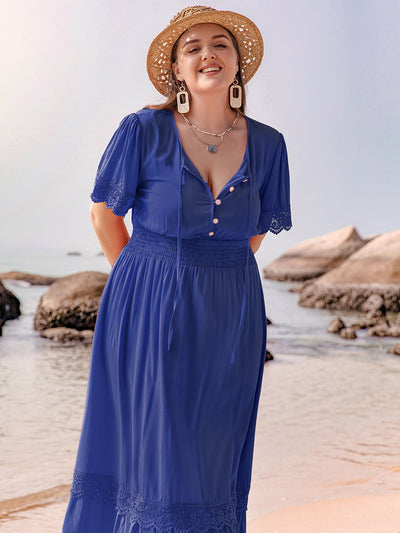 Explore More Collection - Plus Size Lace Detail Tie Neck Short Sleeve Maxi Dress