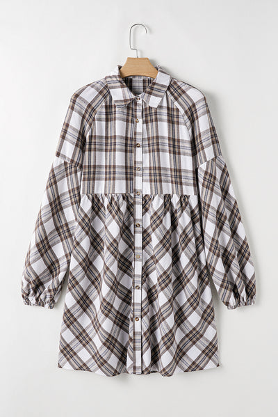 Explore More Collection - Full Size Plaid Collared Neck Balloon Sleeve Mini Shirt Dress