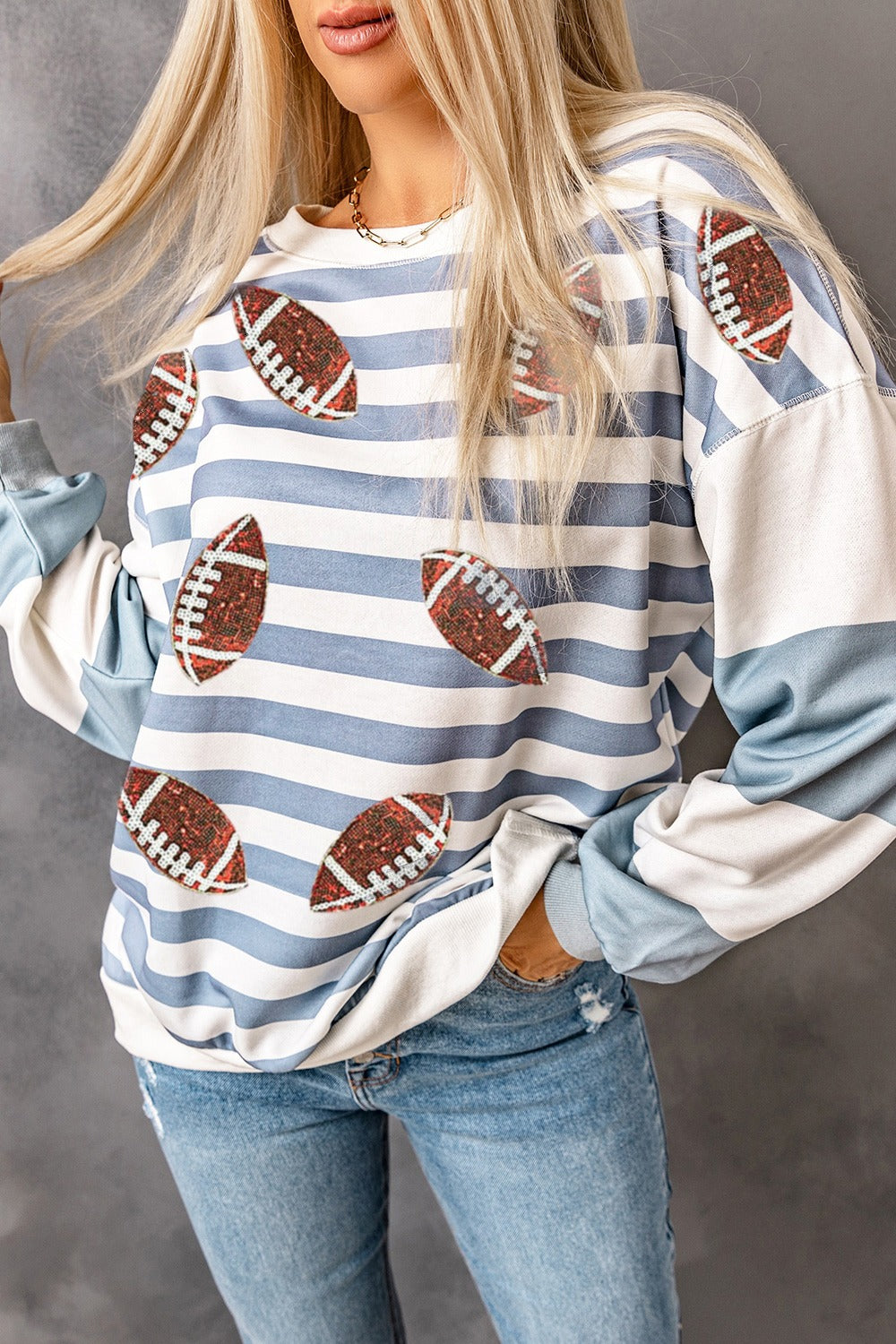 Explore More Collection - Football Striped Round Neck Long Sleeve Sweatshirt
