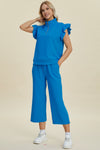 Explore More Collection - Double Take Full Size Texture Ruffle Short Sleeve Top and Wide Leg Pants Set