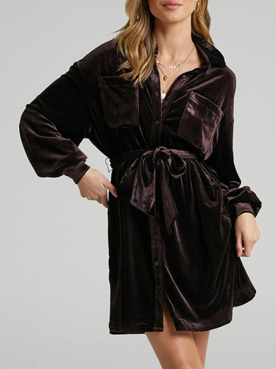 Explore More Collection - Collared Neck Button Down Long Sleeve Mini Dress