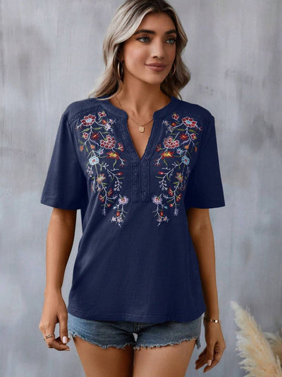 Explore More Collection - Embroidered Notched Short Sleeve T-Shirt