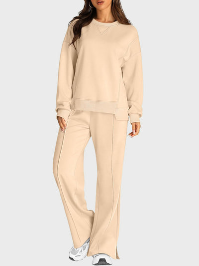 Explore More Collection - Round Neck Long Sleeve Top and Slit Pants Set