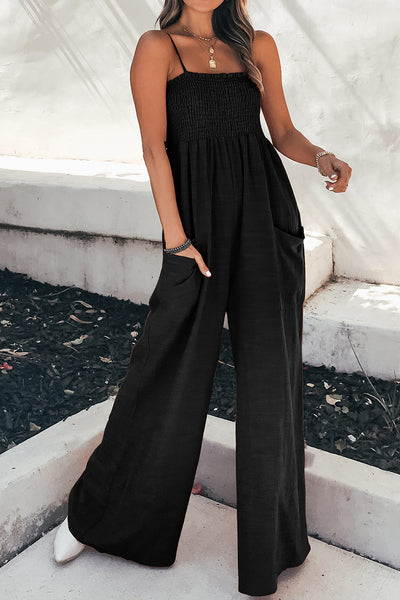 Explore More Collection - Smocked Spaghetti Strap Wide Leg Jumpsuit