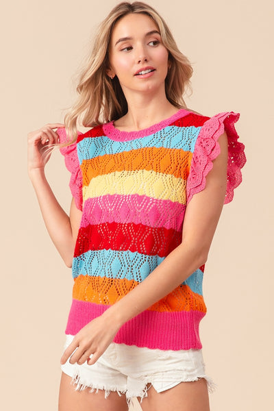 Explore More Collection - BiBi Pointelle Striped Ruffled Knit Top