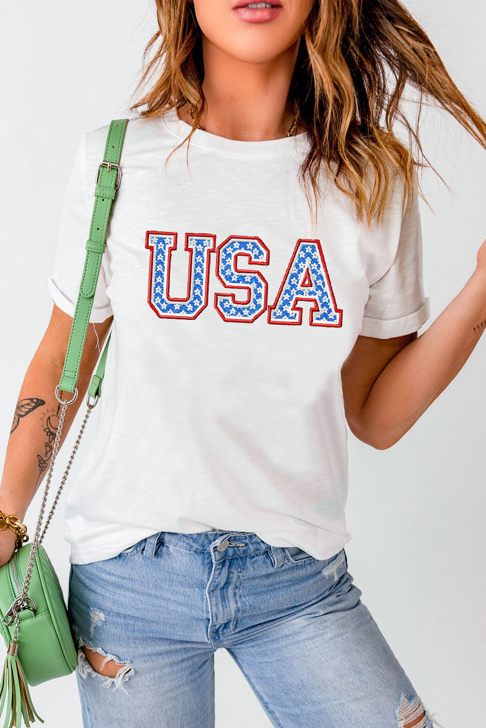 Explore More Collection - USA Graphic Embroidered Round Neck T-Shirt